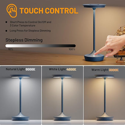 LED Cordless Table Lamps Rechargeable - Outdoor Battery Operated Portable Table Light 3 Color Stepless Dimming Tables Lamp with Memory Function for Patio Restaurant Dining 2 Pack Blue