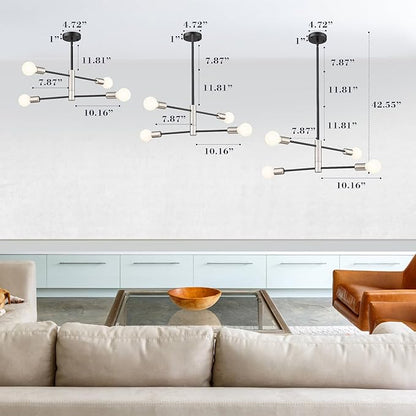 Modern Sputnik Chandelier Adjustable 4-Light Industrial Ceiling Light Fixture Mid Century Semi Flush Mount Ceiling Light Fixture Farmhouse Pendant Lighting for Dining Room Bedroom Silver