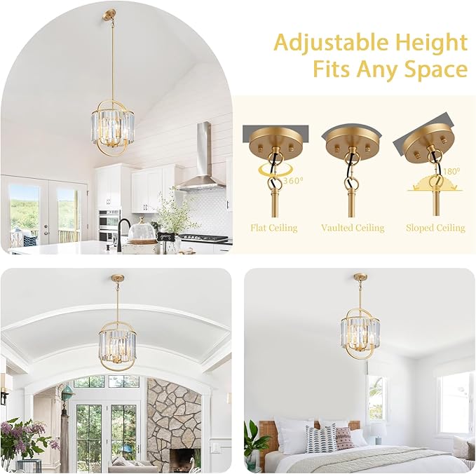 4-Light Modern Small Crystal Chandelier Mini Gold Pendant Lighting 12.8" Crystal Lamp for Closet Bedroom Foyer Dining Room Hanging Ceiling Light Fixture