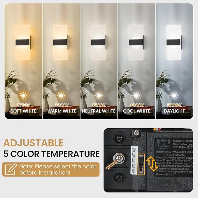 Modern LED Wall Sconces, 12 Inch Indoor Black Wall Lights, 12W 2700K-5000K Adjustable, Hardwired Acrylic Wall Sconces Set of 4, Dimmable Wall Mount Light for Living Room Bedroom Hallway, ETL