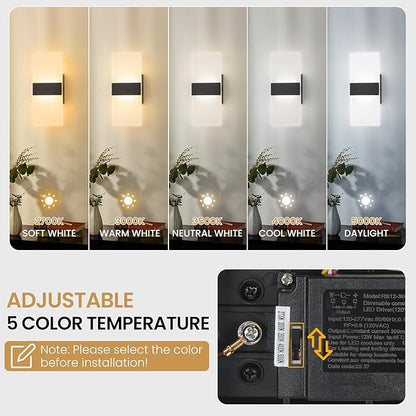 Modern LED Wall Sconces, 12 Inch Indoor Black Wall Lights, 12W 2700K-5000K Adjustable, Hardwired Acrylic Wall Sconces Set of 4, Dimmable Wall Mount Light for Living Room Bedroom Hallway, ETL