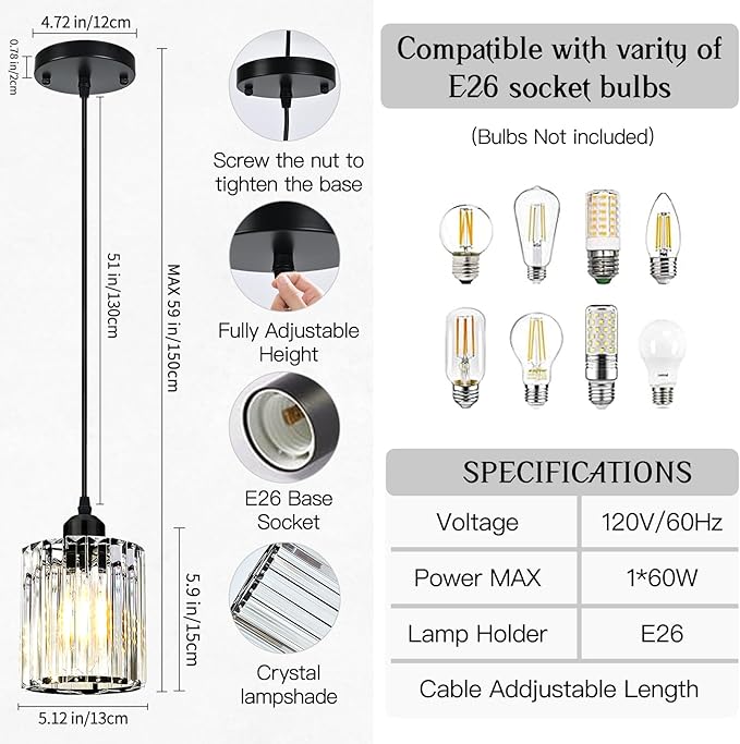Black Pendant Lights for Kitchen Island, Elegant Modern Island Lights for Kitchen with Crystal Glass – Luxury 2 Pack Pendant Lights for Kitchen Island, Dining Table, Entryway, Restaurant