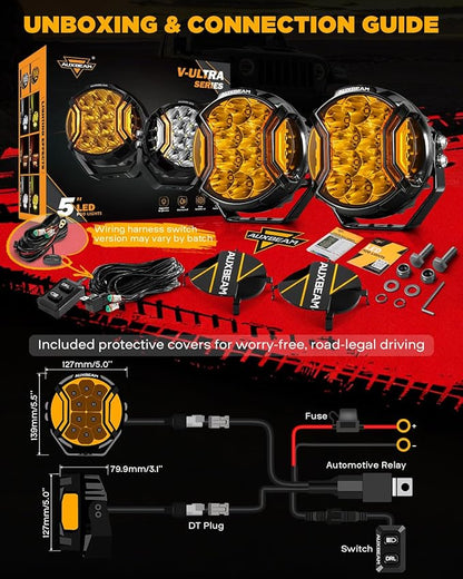 Auxbeam V-Ultra Series 5" 172W Side Shooter Offroad Fog Lights, Amber DRL Function 3 Modes, 270 Degree Wider Range, 20400LM Round LED Pods Light Bar with Protective Covers, Pair