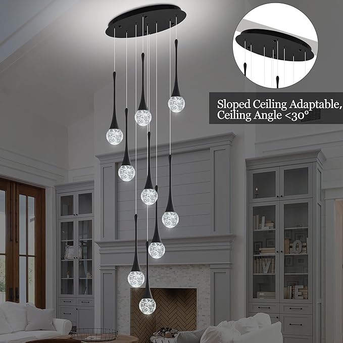Modern Black Crystal Chandelier for High Ceiling 9-Lights, 99 Inches Luxury Spiral Dimmable LED Bubble Raindrop Pendant Lighting Fixture for Staircase Foyer Entryway Living Room