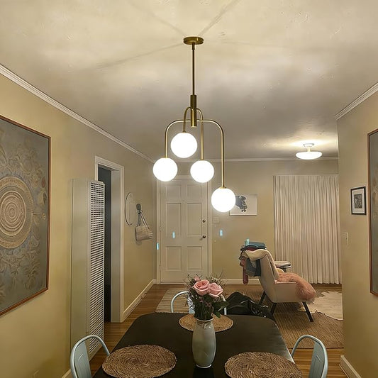 4-Light Mid Century Modern Chandelier Milk Glass Globe Chandelier Light Fixture Gold Sputnik Hanging Pendant Light for Dining Room Kitchen Island Entryway