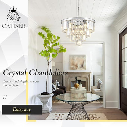 CATINER Modern Chrome Crystal Chandeliers 24” Luxury Chandeliers 4-Tier 12 Lights K9 Crystal Round Ceiling Pendant Light Fixture Contemporary for Living Dining Room Foyer Staircase Bedroom