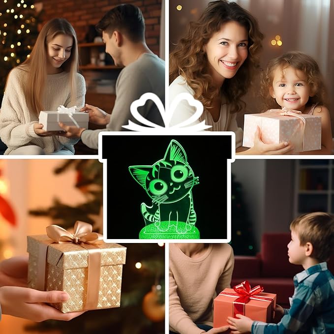 3D Cat Night Light Gifts for Kids 16 Color Change Decor Bedside Lamp with Remote and Smart Touch, Gifts for Christmas Birthday Boys Girls