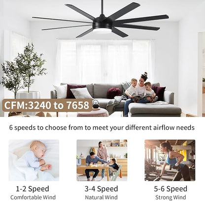 YUHAO 62 Inch Black Ceiling Fan with Light and Remote Control.Noiseless,Dimmable,3CCT,6 Speeds Reversible, DC Ceiling Fans for Indoor or Covered Outdoor Use.ETL Listed