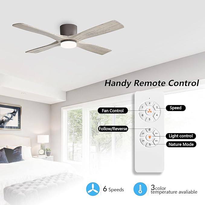 WINGBO 54 Inch Flush Mount DC Ceiling Fan with Lights and Remote, 4 Reversible Carved Wood Blades, 6-Speed Noiseless DC Motor, Hugger Ceiling Fans in Graphite Finish with Barn Wood Blades
