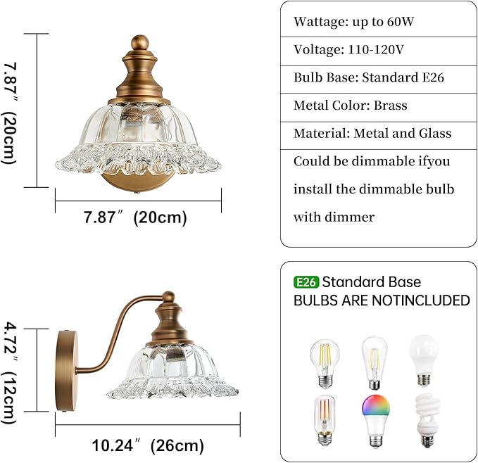XIEDUN Vintage Wall Sconces Brass Wall Lights for Living Room Bathroom Sconces 2Pack