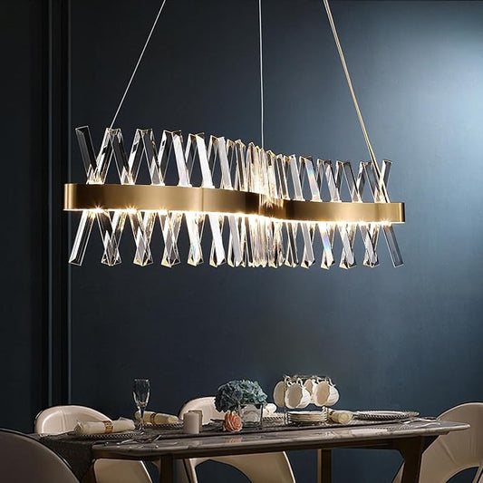 Gold Crystal Chandelier Modern LED Ceiling Pendant Light Fixture 40” Modern Linear Flush Mount Hanging Light for Dining Room Kitchen Island Bedroom, Brushed Finish Warm White 3000K UL Listed