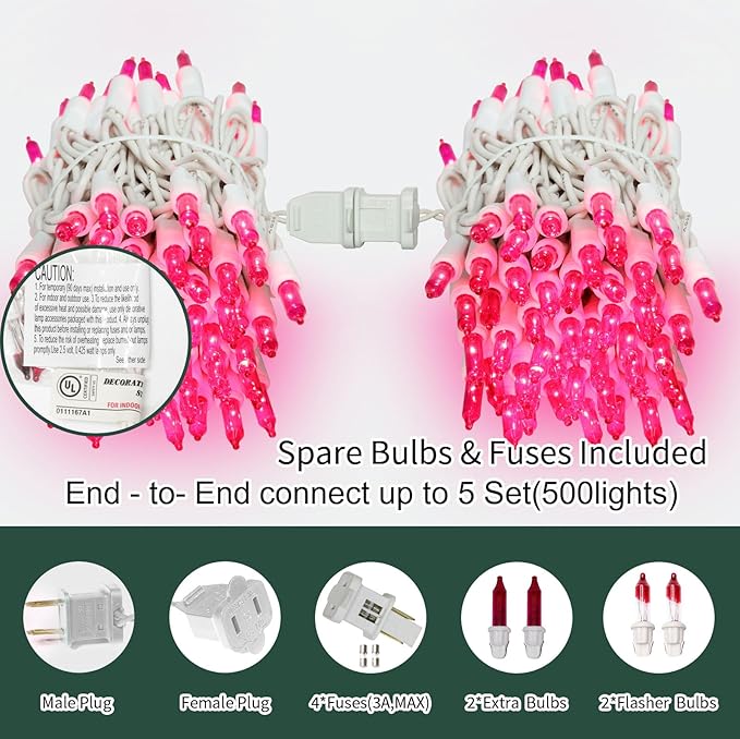 LAMPHOME Pink Christmas Lights Set 100 Count 19.6 Feet Incandescent Bulb Mini String Lights for Indoor Christmas Tree Garland Birthday Wedding Party Festival Decoration, White Wire