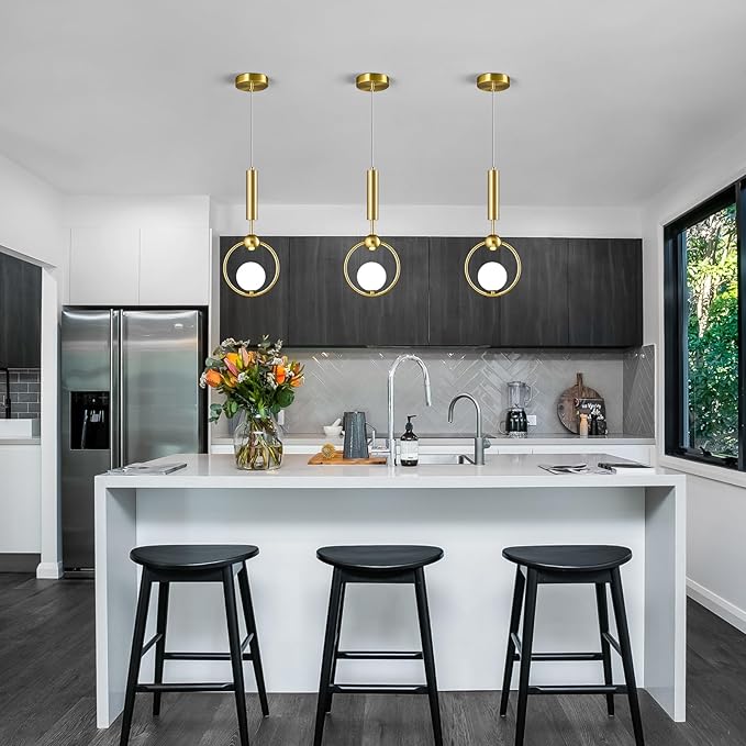 Modern Globe Glass Pendant Light fixtures 1-Light, Simplicity Gold Pendant Lighting, Mid Century Chandelier for Kitchen Island Dining Room Bedroom Entryway Hallway(1-Pack)