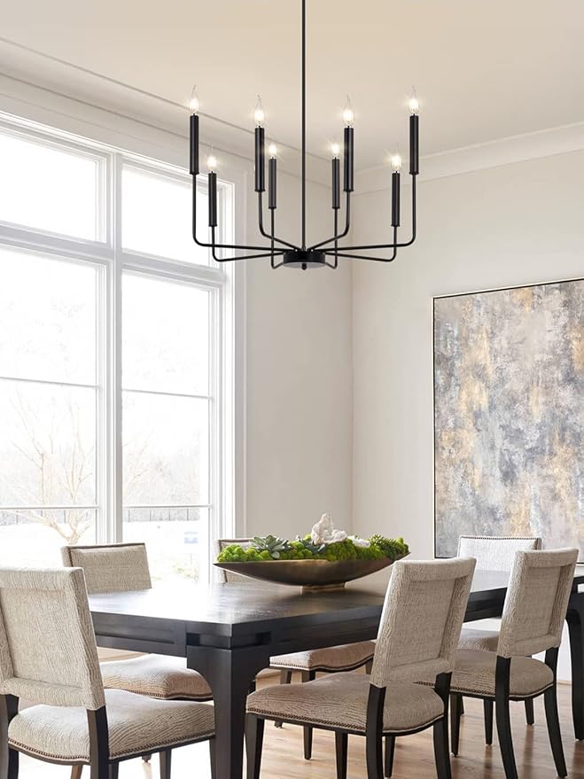 Yiisem Modern Farmhouse Black Chandelier, 8-Light Rustic Candle Chandelier, Industrial Hanging Chandeliers for Dining Room, Living Room, Kitchen, Foyer, Entryway