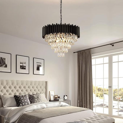 A AXILIXI Black Crystal Chandeliers Modern Round Chandeliers 24" Dimmable 12 Lights Ceiling Pendant Light Fixtures 5 Tiers Luxury Raindrop for Living Room Dining Room Bedroom Foyer