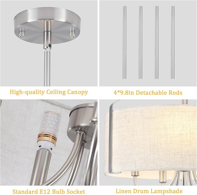 Drum Chandelier for Dining Room, 5-Light Modern Brushed Nickel Chandelier with Linen Shade, 18" Hanging Linen Drum Pendant Ceiling Light Fixture for Entryway, Foyer, Living Room, Kitchen, Bedroom