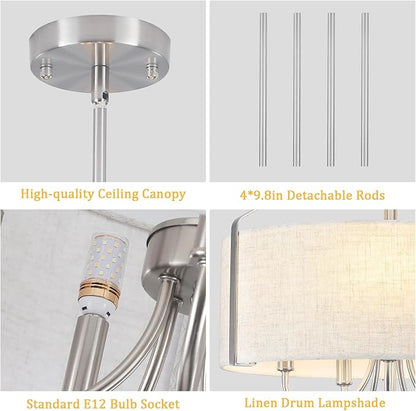 Drum Chandelier for Dining Room, 5-Light Modern Brushed Nickel Chandelier with Linen Shade, 18" Hanging Linen Drum Pendant Ceiling Light Fixture for Entryway, Foyer, Living Room, Kitchen, Bedroom