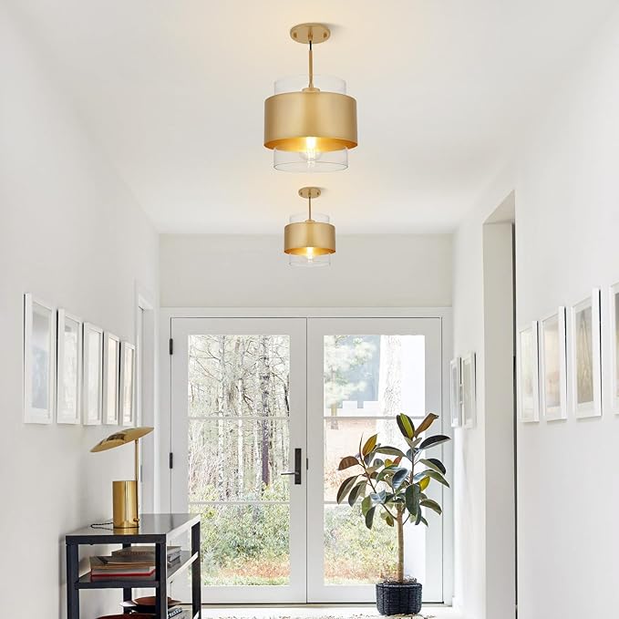 9.8" Gold Pendant Lights Kitchen Island, Farmhouse Pendant Lighting with Clear Glass Shade, Industrial Hanging Pendant Lights Fixture for Kitchen Island Dining Room Hallway