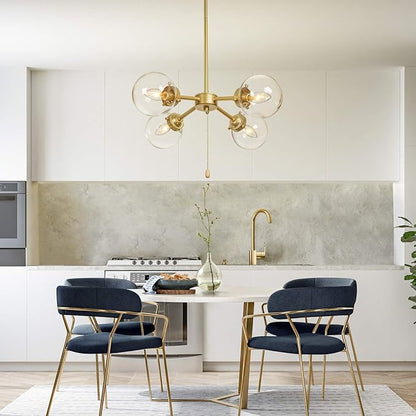 KSANA Gold Globe Chandelier with On/Off Switch Pull Chain, 4-Light Modern Gold Semi Flush Mount Ceiling Light with Clear Globe Glass Shades for Dining Room & Kitchen, Soft Gold, 19.5’’ Dia