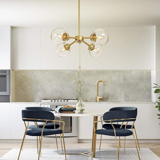 KSANA Gold Globe Chandelier with On/Off Switch Pull Chain, 4-Light Modern Gold Semi Flush Mount Ceiling Light with Clear Globe Glass Shades for Dining Room & Kitchen, Soft Gold, 19.5’’ Dia