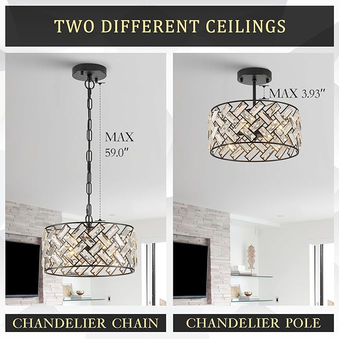 CATINER Small Black Crystal Chandelier 12", Modern 4-Light Ceiling Light, Semi Flush Mount or Hanging Pendant with Adjustable Height for Kitchen Island, Entryway, Hallway