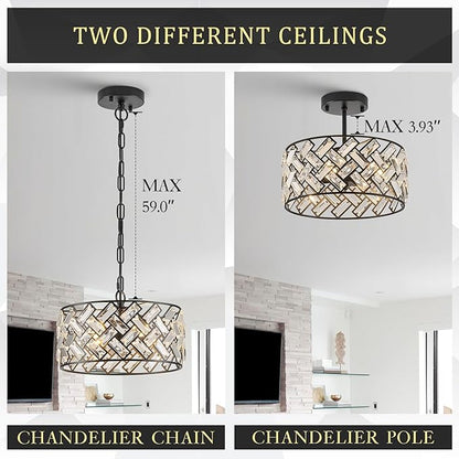 CATINER Small Black Crystal Chandelier 12", Modern 4-Light Ceiling Light, Semi Flush Mount or Hanging Pendant with Adjustable Height for Kitchen Island, Entryway, Hallway