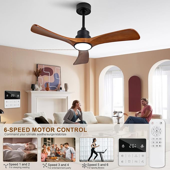 42 inch Flush Mount Ceiling Fans with Lights,Remote Control,Wall Switch,Solid Wood Blades,Dimmable,Reversible,Noiseless,Power Off Memory Low Profile Ceiling Fan for Bedroom Patio Indoor/Outdoor