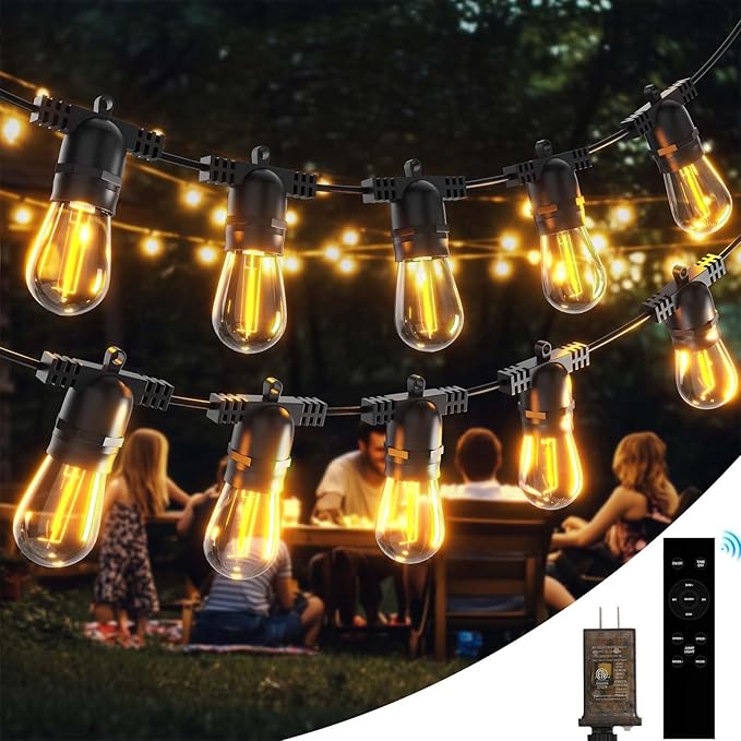 Outdoor String LED Patio Lights - 100Ft 30M Outside Waterproof Light with Remote Dimmable S14 Shatterproof Bulb Connectable Hanging Outdoor Electric Lighting for Backyard Yard Easter Gifts for men