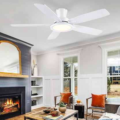 BYKISTOK Flush Mount RGB Ceiling Fan with RGB Light - 52In White Ceiling Fan Light with Reversible Mute Motor, 3CCT LED Dimmable, Low Profile Modern Ceiling Fans for Indoor, Party, Living Room