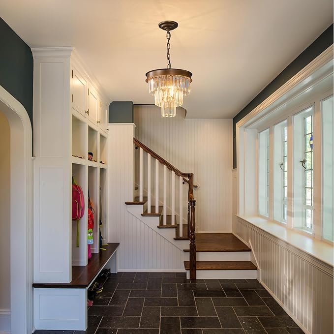 Modern Crystal Chandeliers For Dining Room: 4 Lights 12" Small Vintage Hanging Pendant Light Fixture Over Table - Antique Copper Mini Round Chandelier For Kitchen Island Bedroom Entryway Foyer Closet