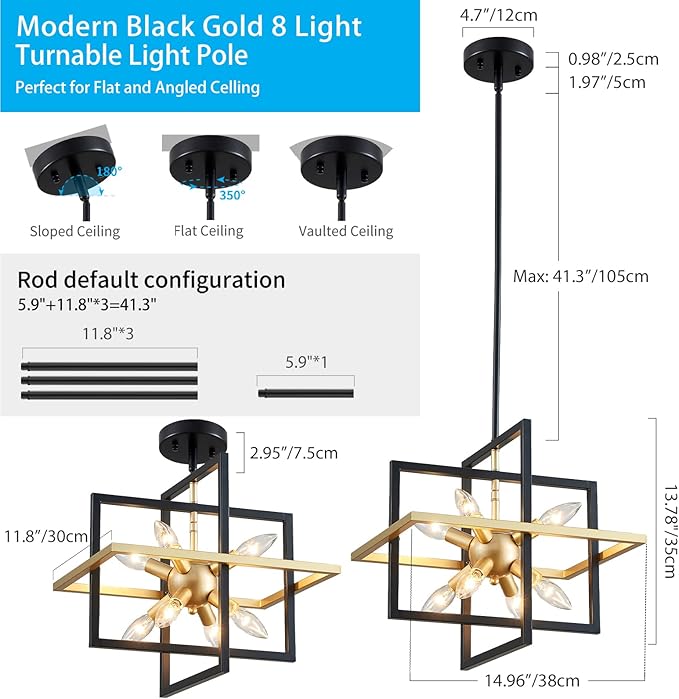 XINGQI Modern Geometric Pendant Lighting 8-Light Black and Gold Farmhouse Chandelier Ceiling Light Fixtures for Dining Room Living Room Kitchen Island Bedroom Hallway