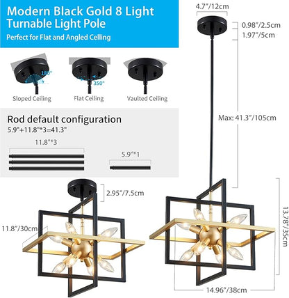 XINGQI Modern Geometric Pendant Lighting 8-Light Black and Gold Farmhouse Chandelier Ceiling Light Fixtures for Dining Room Living Room Kitchen Island Bedroom Hallway