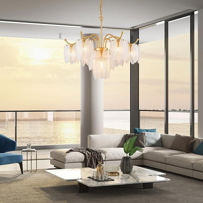 LumFurn D29inch Glass Chandelier, 7-Light Modern Pendant Light Fixture for Dining Room, Living Room, D29 x H27~72 inch Adjustable Height, Frosted Feather-Shaped Glass Shade & Brass Finish Frame