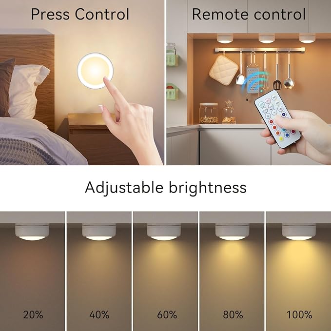 SFMSMOks Ratterv Oneratedl FD Puck liahts with Wireless Remote,13 Color RGB -for Closet, Bedroon Wal, Under Cabinet, Battery Powered Push Lights.Convenient 3M Stick On (White,2-Packs)