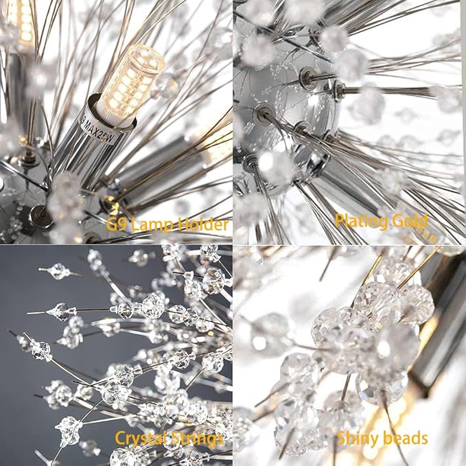 Modern Firework Chrome Crystal Chandeliers, Sputnik Dandelion Chandelier Light Fixture Pendant Lighting for Dining Room, Living Room, Bedroom, Kitchen, Restaurant- 9 Lights