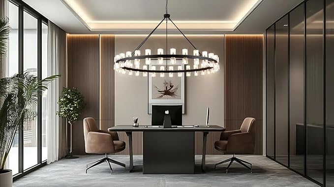 60 Inch Black Wagon Wheel Chandelier with Crystal Shade, 60 Lights, Modern Farmhouse Style, Ideal for Dining Room, Kitchen, Entryways
