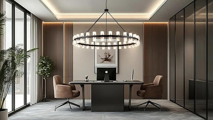 60 Inch Black Wagon Wheel Chandelier with Crystal Shade, 60 Lights, Modern Farmhouse Style, Ideal for Dining Room, Kitchen, Entryways
