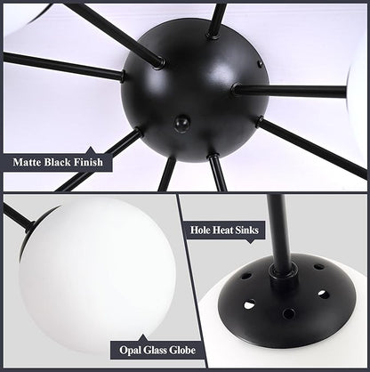 Bagood 8 Light Mid Century Modern Semi Flush Mount Ceiling Light Fixture Globe Ceiling Light Sputnik Chandelier with Milk Glass Shade Matte Black Finish for Bedroom Hallway Dining Room Living Room