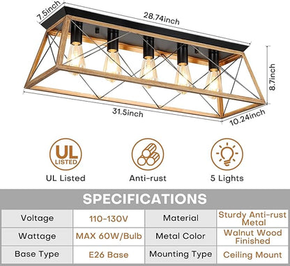 31.5" Flush Mount Ceiling Light Fixture, 5-Light Vintage Industrial Cage Chandelier for Dining Room, Kitchen Island, Living Room, Dimmable Semi Flush Mount Close to Ceiling Lighting, Walnut Finish