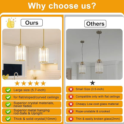 2 Pack Pendant Lights Kitchen Island, Modern Gold Pendant Light Fixtures, Mini Chandelier Crystal Kitchen Island Lighting, Hanging Pendant Lights Fixture for Kitchen Island Dining Room Hallway Foyer