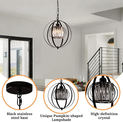 FRIXCHUR Black Crystal Pendant Light, Adjustable Hanging Light Fixture with Pumpkin-Shaped Crystal Shade, E26 Base Metal Lantern Pendant Ceiling Light for Kitchen Island, Dining Room, Entryway, Foyer