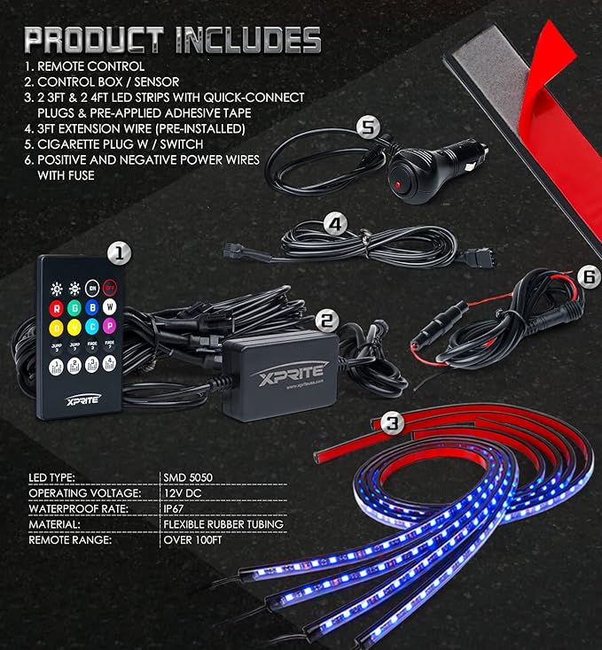 Xprite 4Pcs Car Underglow Neon Accent Strip Lights RGB 8 Color 252 LEDs Sound Music Function and Wireless Remote Control Underbody Light Strips for Car SUV Truck w/6FT Extension Wire, 2 Years Warranty