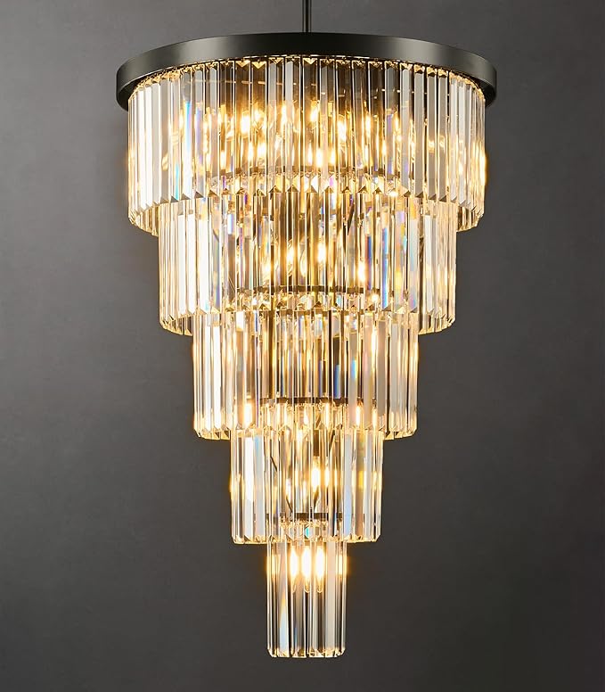 High Ceiling Chandelier Crystal Modern: 24-Inch 5-Tiered Black Staircase Chandeliers - Large Long Hanging Pendant Light Fixture For Entryway Foyer Living Room Luxury Round Flush Mount Ceilings Lights