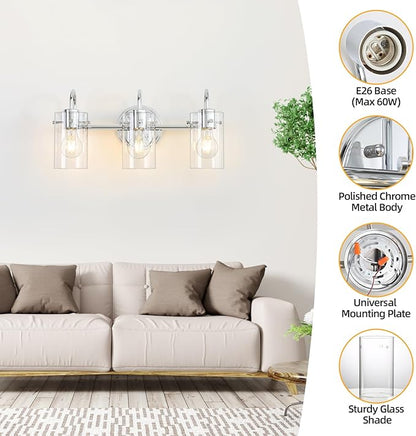 3 Lights Vanity Light, Polished Chrome Bathroom Wall Light Fixture Over Mirror, Modern Wall Sconce with Clear Glass Shade, Farmhouse Mount Lamp for Washroom, Living Room, Workshop