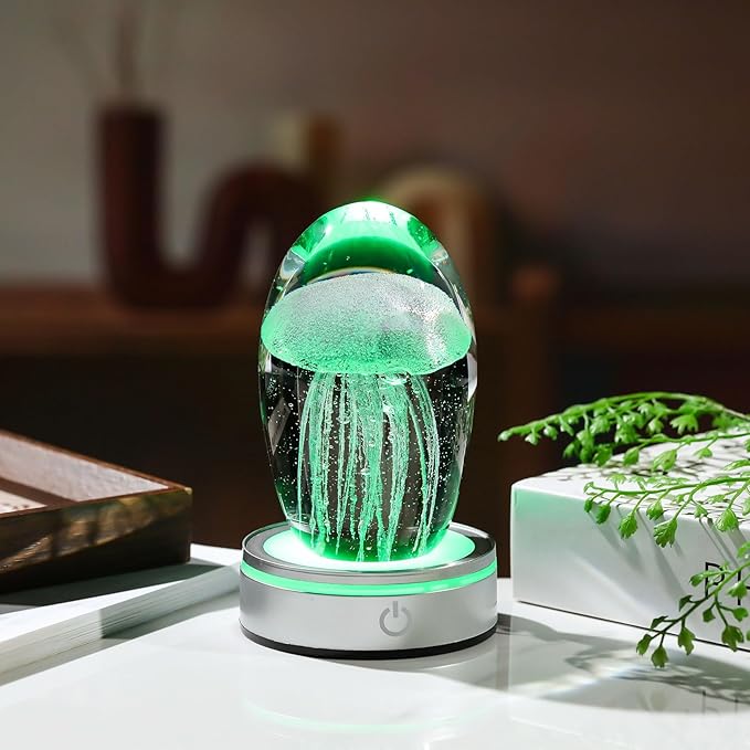 Handmade Jellyfish Lamp – Crystal Glass Figurine Colorful LED Night Light, Ocean-Themed Desk Decor, Aquarium & Beach Room Decor – Gifts for Women Nature Lovers (Purple)