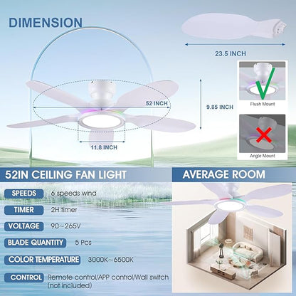 Kviflon 52 Inch Ceiling Fans with Lights and Remote/APP Control, Low Profile Ceiling Fans with Dimmable White + RGB Ring Lights, 6 Speeds 5 Curved Blades for Kids Room Bedroom Bar, White