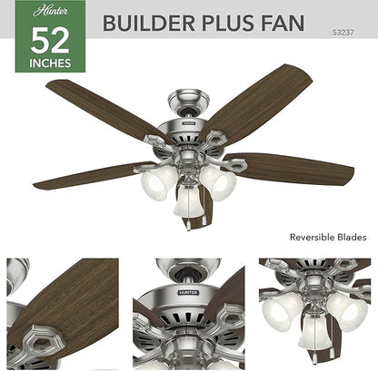 Hunter 52 inch Indoor Ceiling Fan with LED Lights - Ceiling Fan with Pull Chain, For Bedroom or Living Room, Standard Mount, No Remote, 5 Blades, Includes Bulbs - Builder Plus 53237, Brushed Nickel