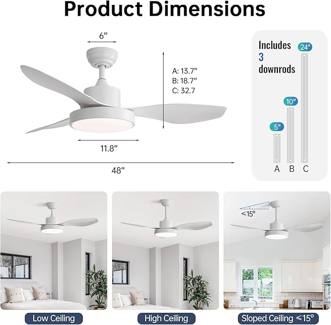 Sofucor 48 Inch Ceiling Fan with Lights and Remote Flush Mount Modern Outdoor Ceiling Fans with 3 CCT Dimmable, 6 Speed, Quiet DC Motor &Timer for Bedroom Patios Indoor White