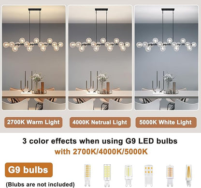 16-Light Linear Chandelier,55" Black Sputnik Chandeliers Clear Globe Modern Chandeliers for Dining Room Light Long Large Chandelier Sputnik Ceiling Light Fixture Pendant Lights Kitchen Island