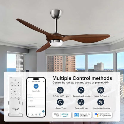 reiga 52 Inch ETL Listed High CFM Quiet DC Motor Smart Ceiling Fans with Lights Remote Control, Indoor 3 Blade Modern Ceiling Fan for Living Room Bedroom